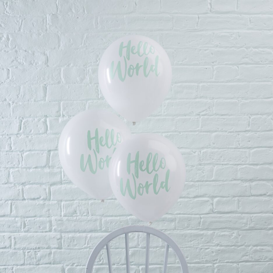 Μπαλόνια baby shower "Hello World" σε χρώμα μέντας, 10 τμχ.